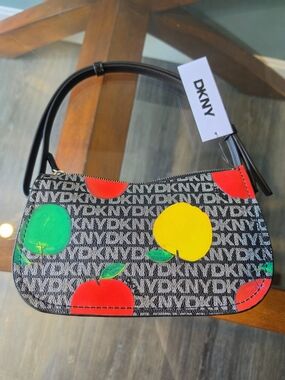 DKNY Logo Jacquard Fruit Print Shoulder Bag in Black with Red, Yellow & Green